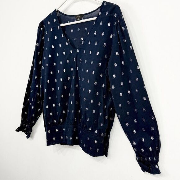 Ann Taylor Factory Navy Blue Silver Metallic Polka Dot Lightweight V Neck Blouse - Picture 5 of 15